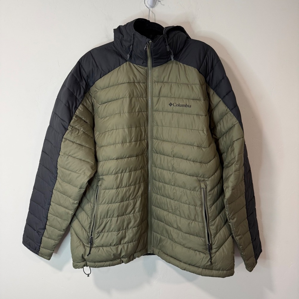 Columbia Mens White Out Puffer Jacket XL Green Gray Omni-Heat Hooded XM0477